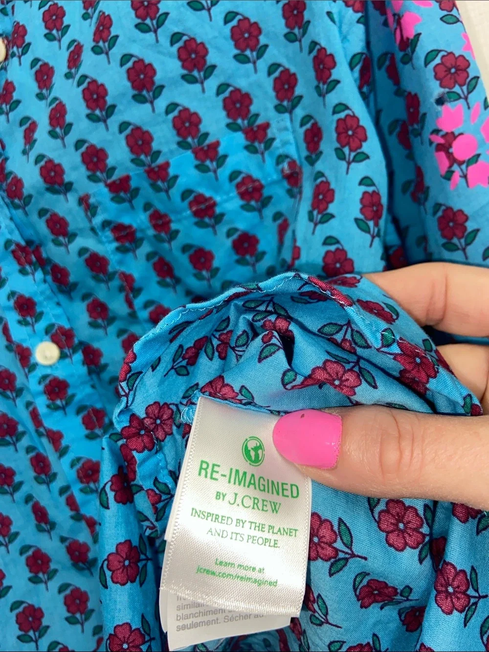 J. Crew Lightweight Cotton Turquoise Button-Down Shirt with Pink Floral Print